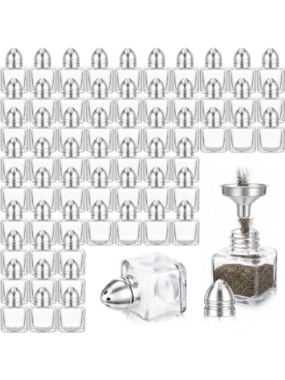 60 Pack Mini Silver Salt & Pepper Shakers - Square Glass Spice Jars with Funnel